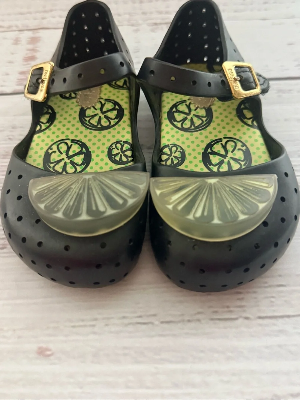 Mini Melissa Black Mary Jane Jelly Shoes with Lime Accent